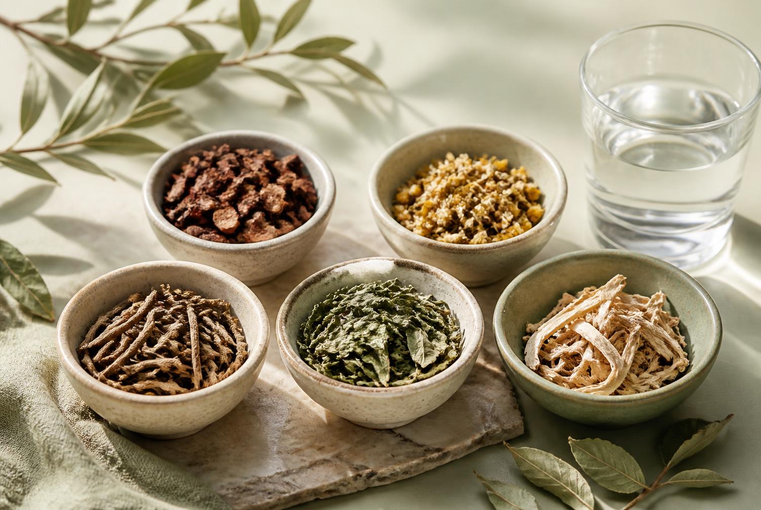 Unbranded botanical ingredients arranged for a label-reading guide