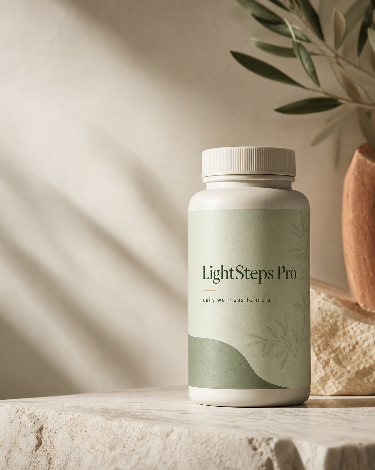 LightSteps Pro supplement bottle in a warm, natural setting