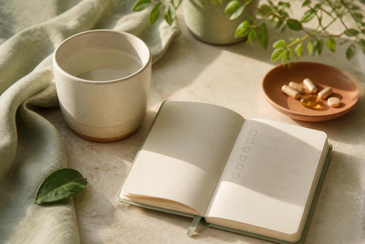 Water, a notebook, and a calm morning supplement routine